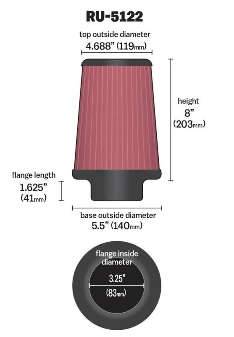 K&N KNNRU-5122 Filter Universal Rubber Filter 3.25 Flange 5.5 Base 4.6875 Top 8 Height №12