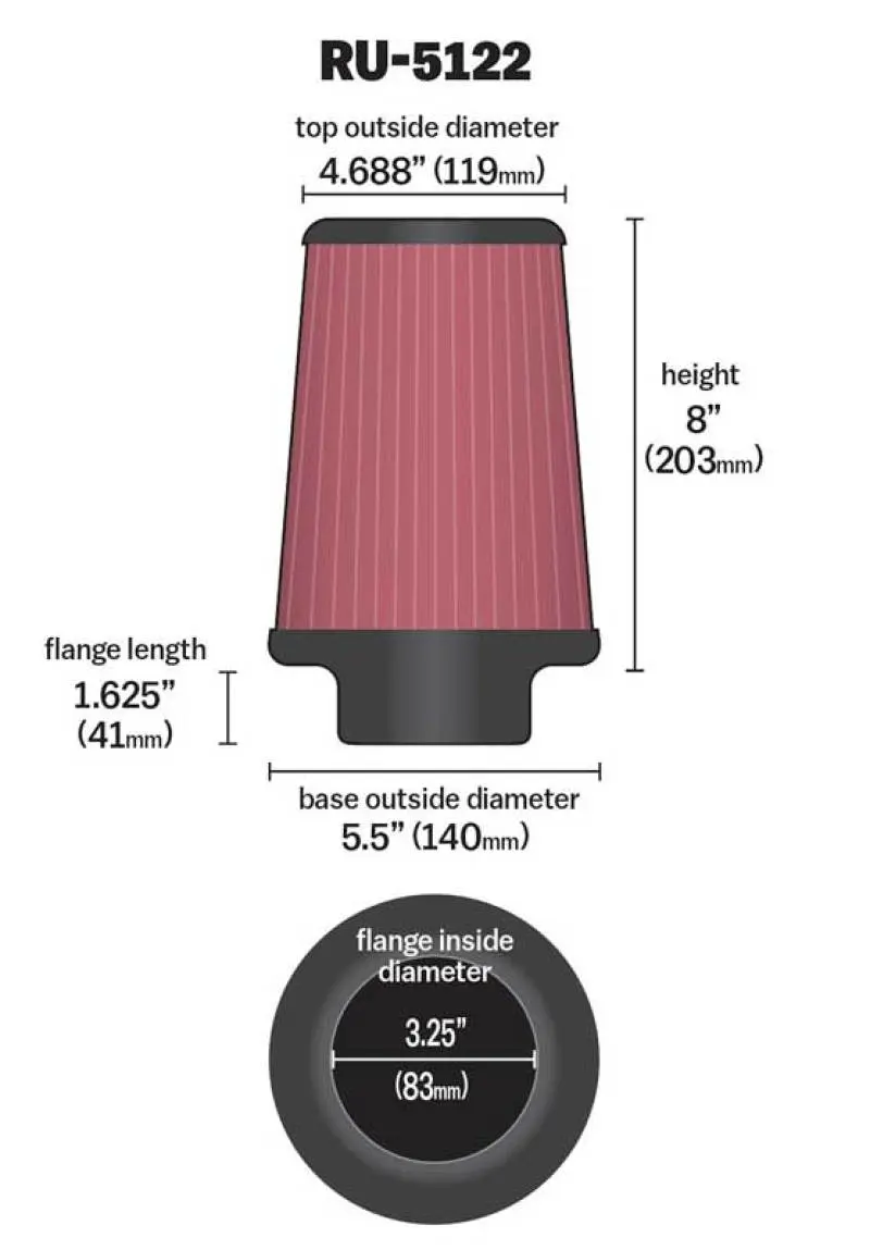 K&N KNNRU-5122 Filter Universal Rubber Filter 3.25 Flange 5.5 Base 4.6875 Top 8 Height №4