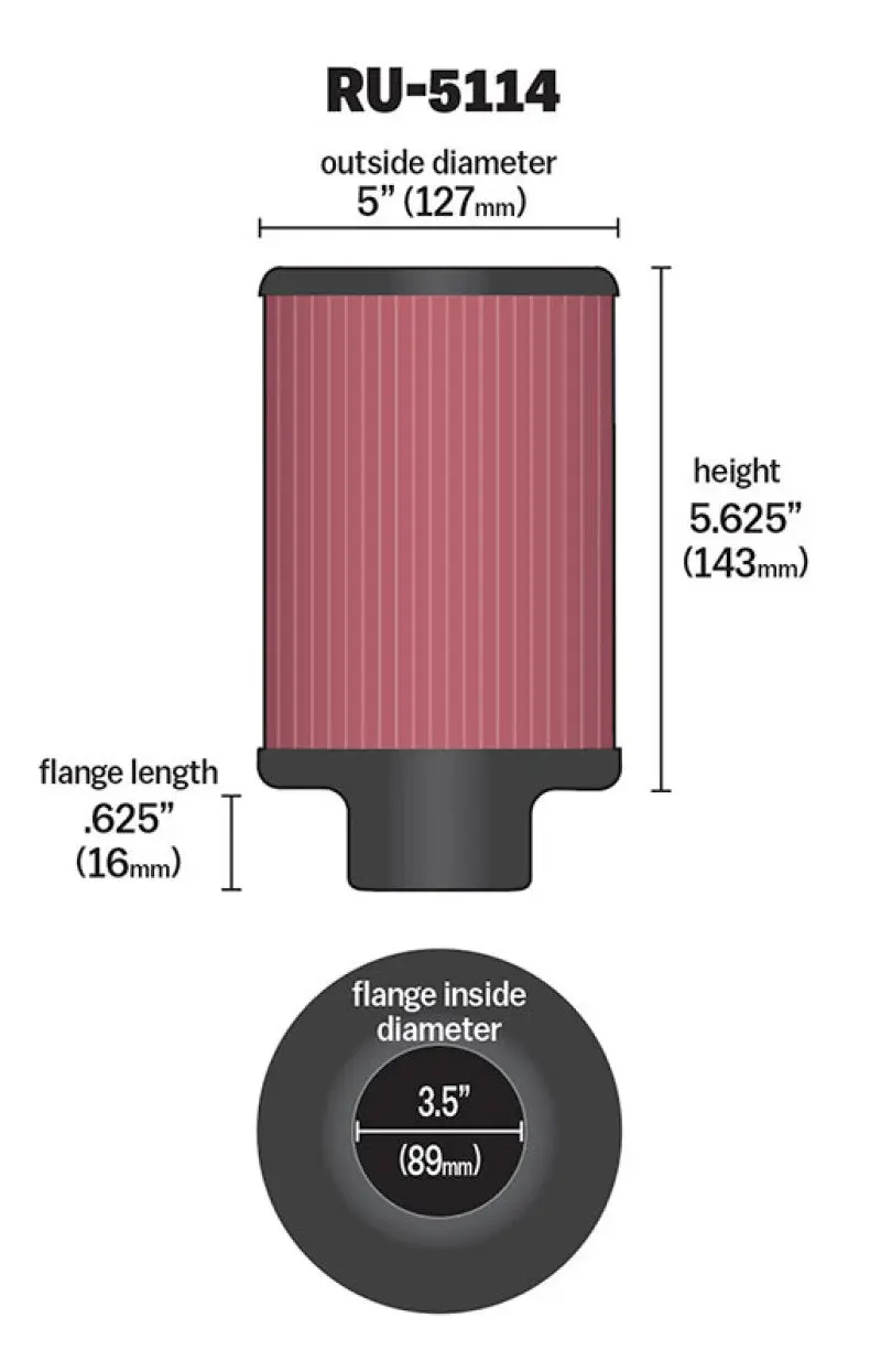 K&N KNNRU-5114 Filter Universal Rubber Filter 3.5in Flange ID X 5in OD X 5.625in H №1