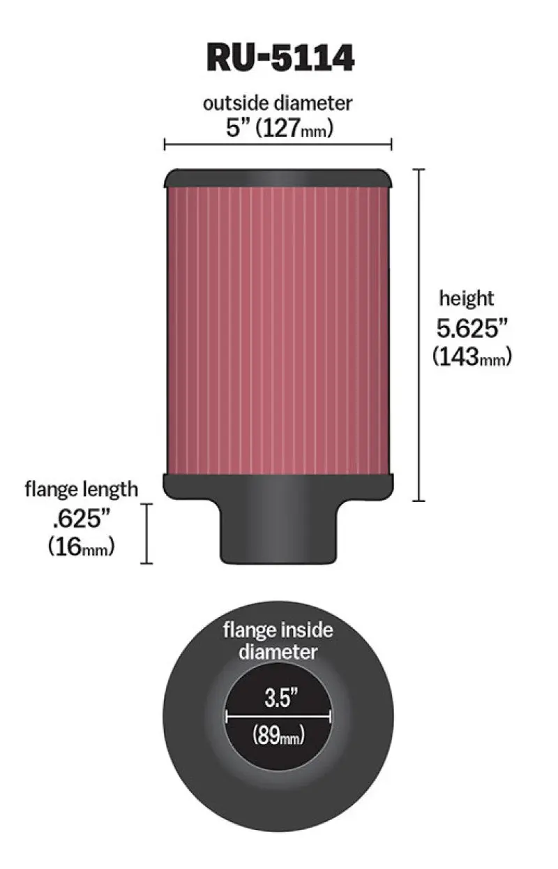 K&N KNNRU-5114 Filter Universal Rubber Filter 3.5in Flange ID X 5in OD X 5.625in H №14