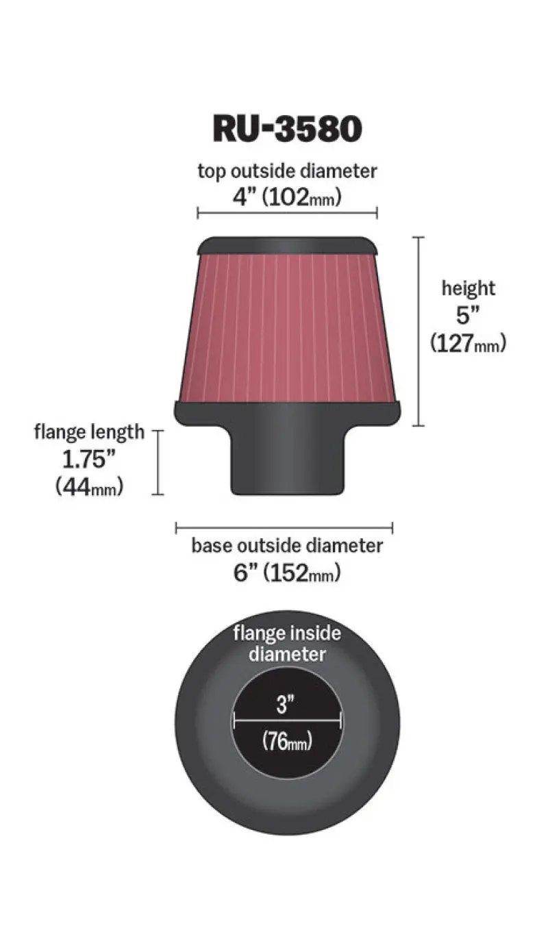 K&N KNNRU-3580 Filter Universal Rubber Filter 3 Inch Flange 6 Inch Base 4 Inch Top 5 Inch Height №16