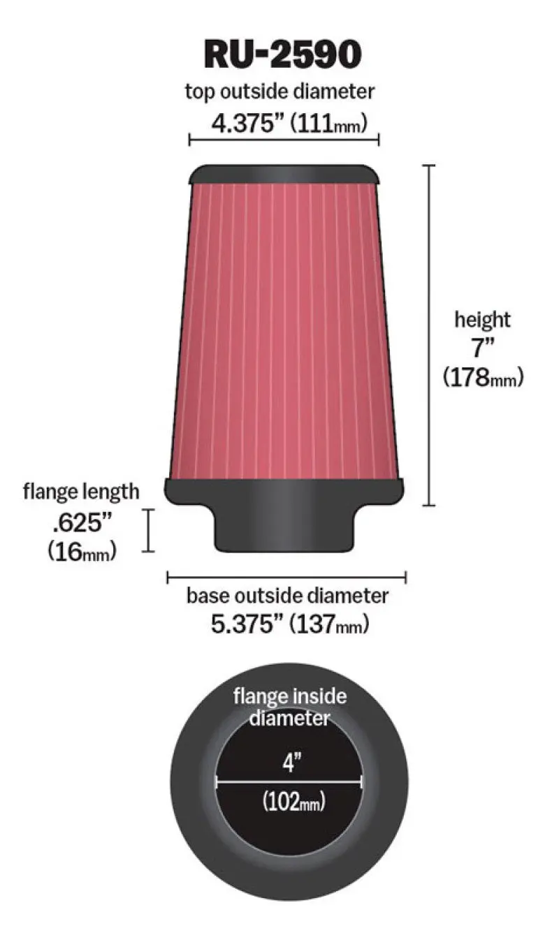 K&N KNNRU-2590 Filter Universal Rubber Filter 4 Inch Flange 5 3/8 Inch Base 4 3/8 Inch Top 7 Inch Height №20