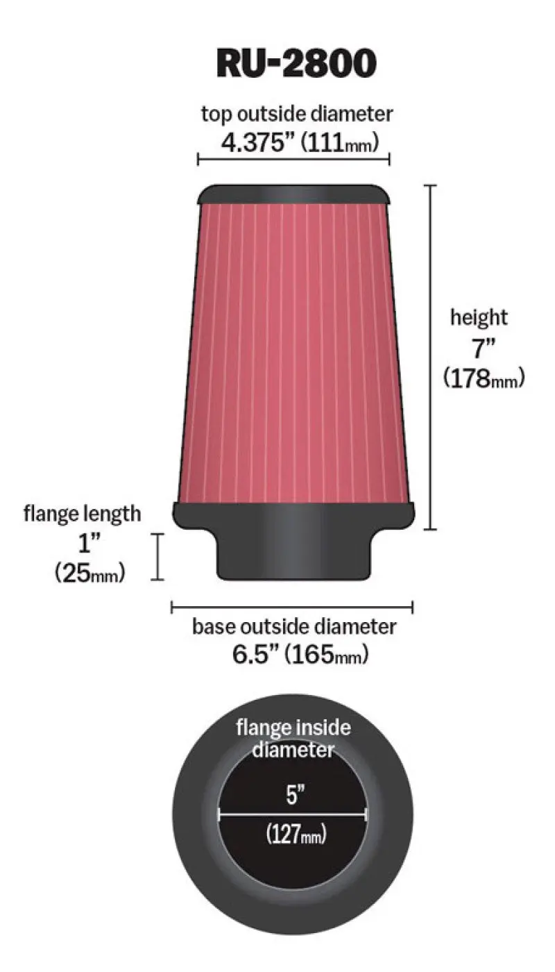 K&N KNNRU-2800 Filter Universal Rubber Filter 5 Inch Flange 6 1/2 Inch Base 4 3/8 Inch Top 7 Inch Height №13