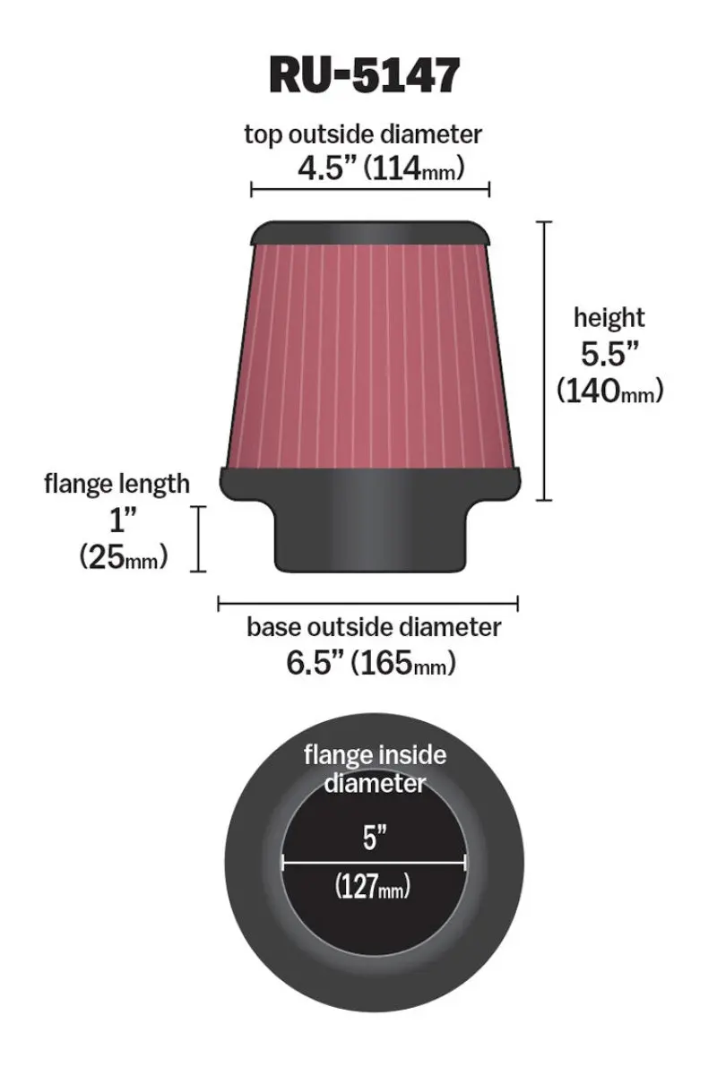 K&N KNNRU-5147 Filter Universal Rubber Filter 5in Flange 6.5in Base 4.5in Top 5.5in Height №15