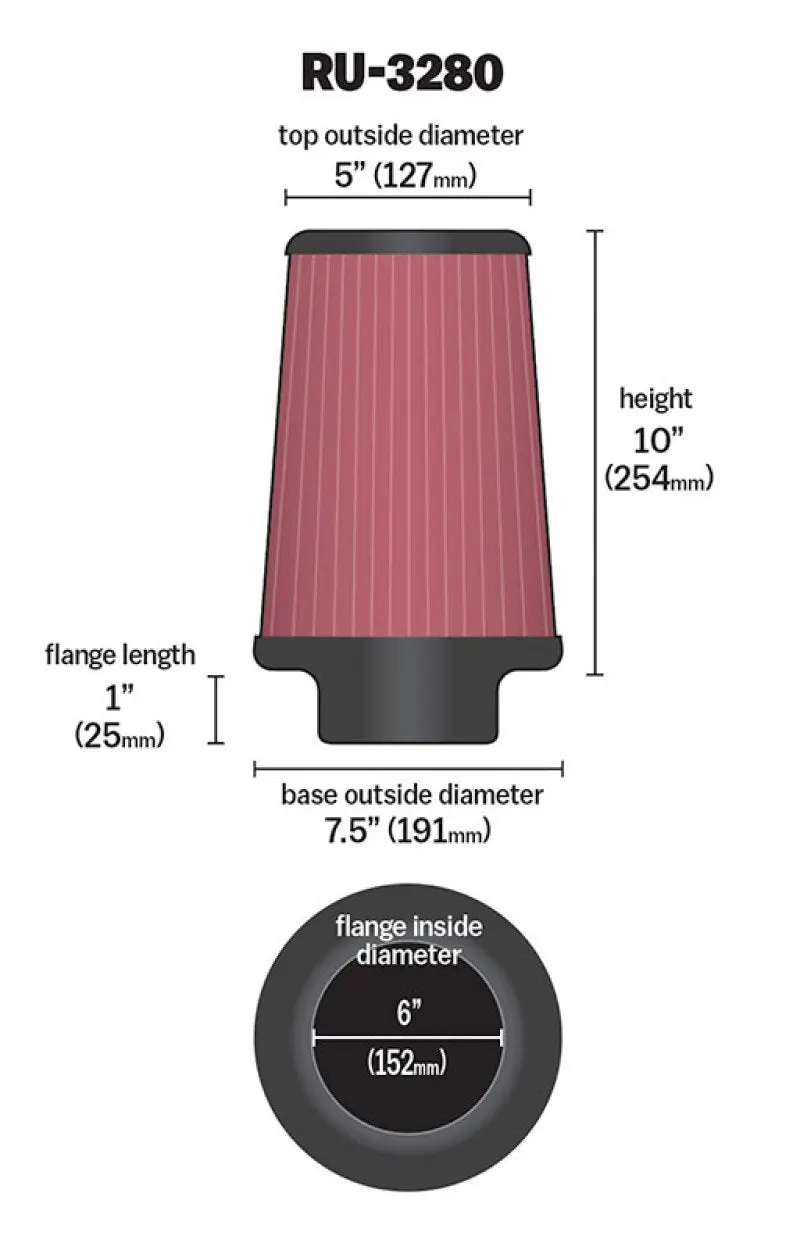 K&N KNNRU-3280 Filter Universal Rubber Filter 6 Inch Flange 7.5 Inch Base 5 Inch Top 10 Inch Height №2