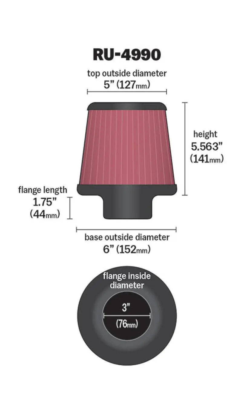 K&N KNNRU-4990 Filter Universal Rubber Filter-Rd Tapered 3in Flange ID X 6in Base OD X 5in Top OD X 5.563in H №11