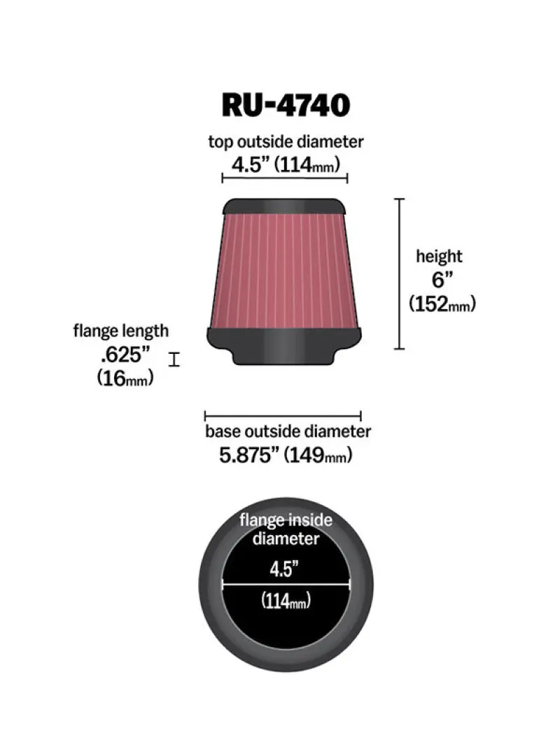 K&N KNNRU-4740 Filter Universal Rubber Filter Round Tapered 4.5in Flange 5.875in Base 4.5 Inch Top 6in Height №3