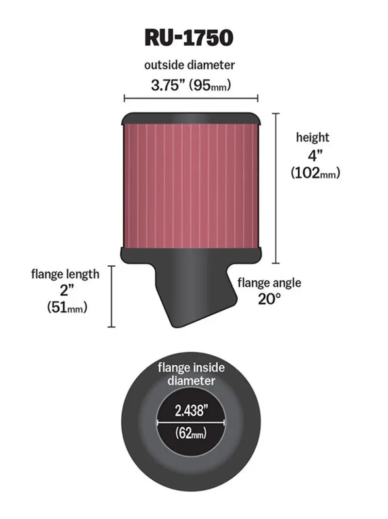 K&N KNNRU-1750 Filter Universal Rubber Round Straight Filter 20 Deg Angled 2-7/16in Flange 3-3/4in OD 4in H №14