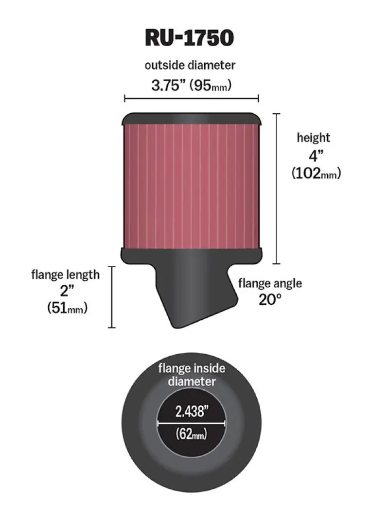 K&N KNNRU-1750 Filter Universal Rubber Round Straight Filter 20 Deg Angled 2-7/16in Flange 3-3/4in OD 4in H №2