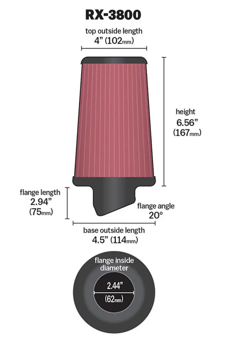 K&N KNNRX-3800 Filter Universal X Stream Clamp-On 2.438in Flange ID X 4.5in Base OD X 4in Top OD X 6.563in H