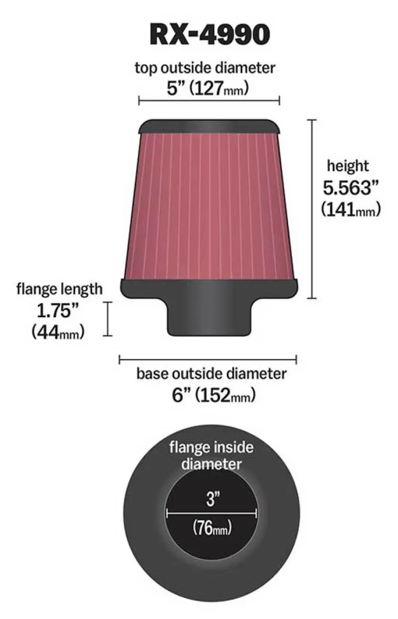 K&N KNNRX-4990 Filter Universal X Stream Clamp-On 3 Inch Flange 6 Inch Base 5 Inch Top 5 9/16 Inch Height №18