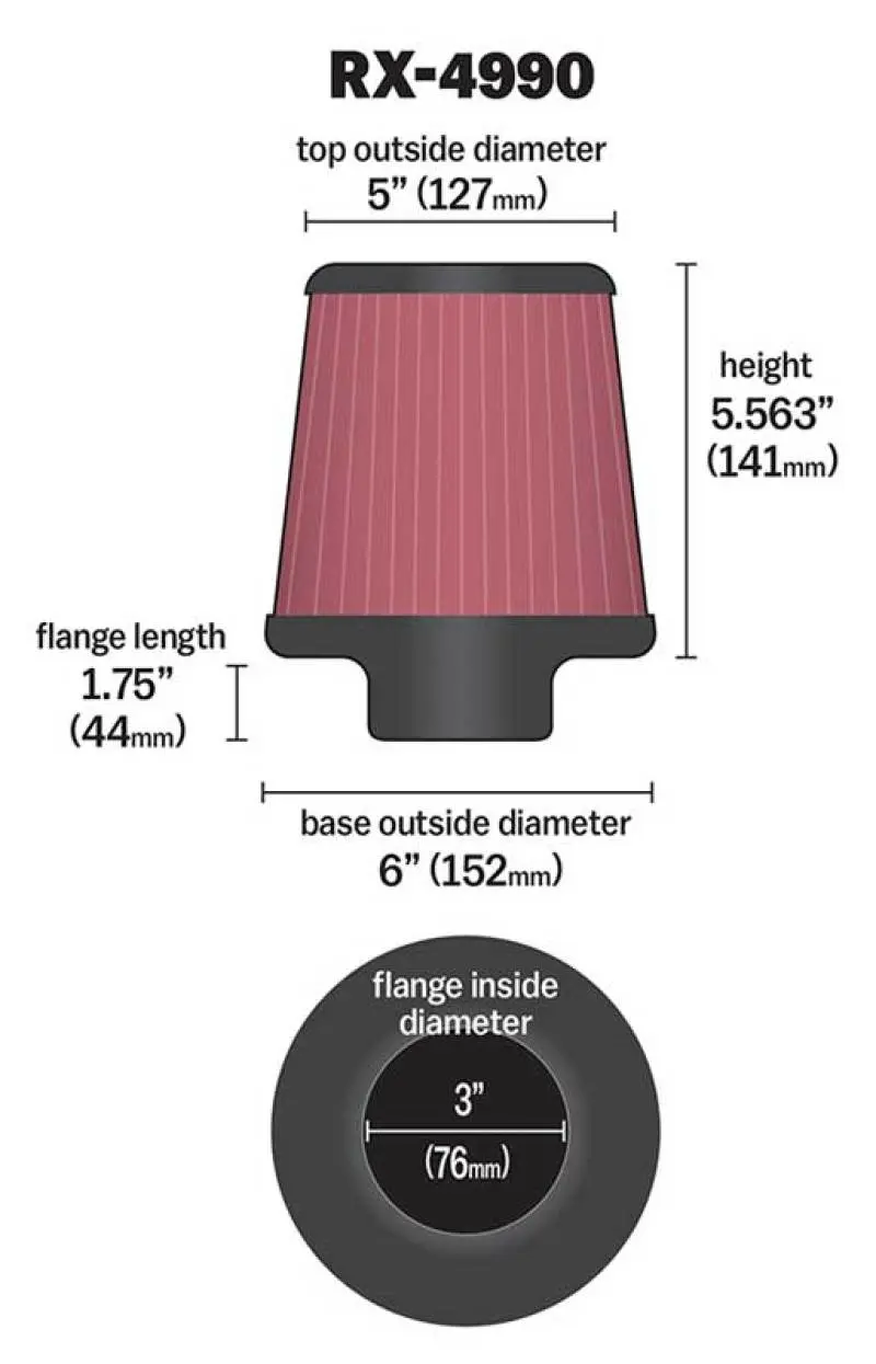 K&N KNNRX-4990 Filter Universal X Stream Clamp-On 3 Inch Flange 6 Inch Base 5 Inch Top 5 9/16 Inch Height №6