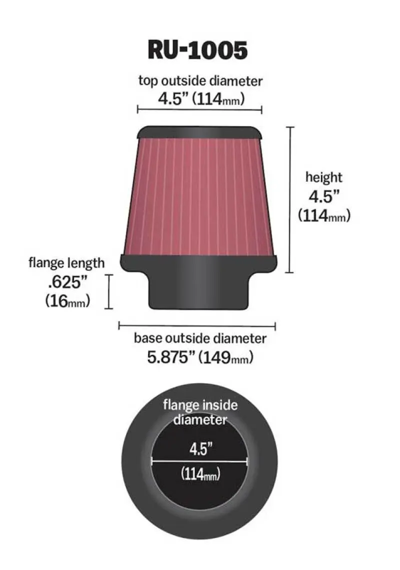 K&N KNNRU-1005 Filter Universal X Stream Clamp-On 4-1/2in Flange 5-7/8in Base 4-1/2in Top 4-1/2in Height №11