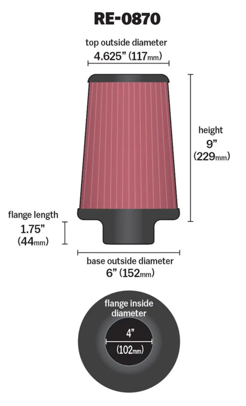 K&N RE-0870 Universal Rubber Filter 4inch FLG / 6inch OD-B / 4-5/8inch OD-T / 9inch H №17