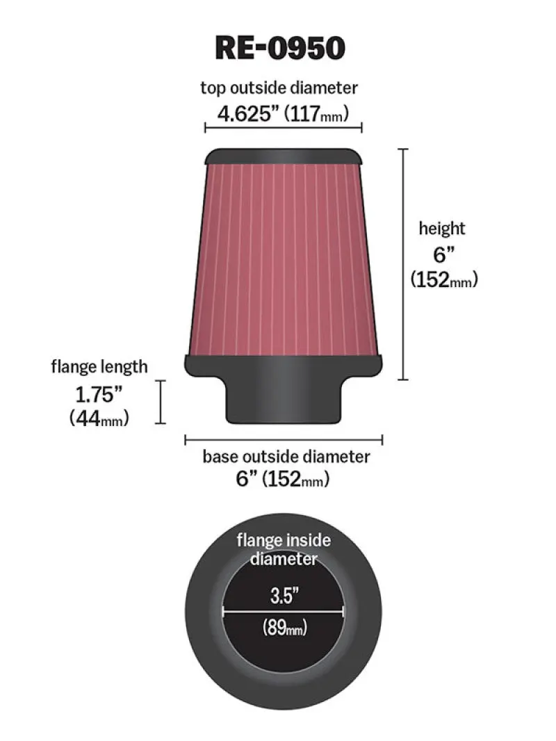 K&N RE-0950 Universal Rubber Filter 3 1/2inch ID FLG / 6inch Base / 4-5/8inch Top / 6inch Height №13