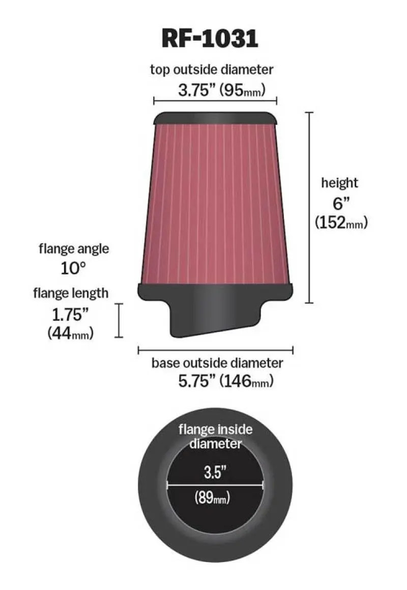 K&N KNNRF-1031 Round Tapered Universal Air Filter 3.5in Flange ID / 5.75in Base OD / 3.75in Top OD / 6in H №10