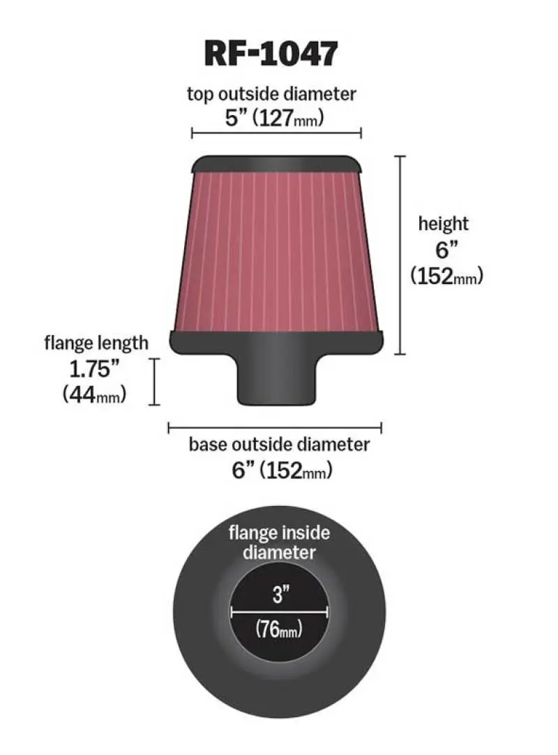 K&N KNNRF-1047 Round Tapered Universal Air Filter 3 Inch Flange 6 Inch Base 5 Inch Top 6 Inch Height №10