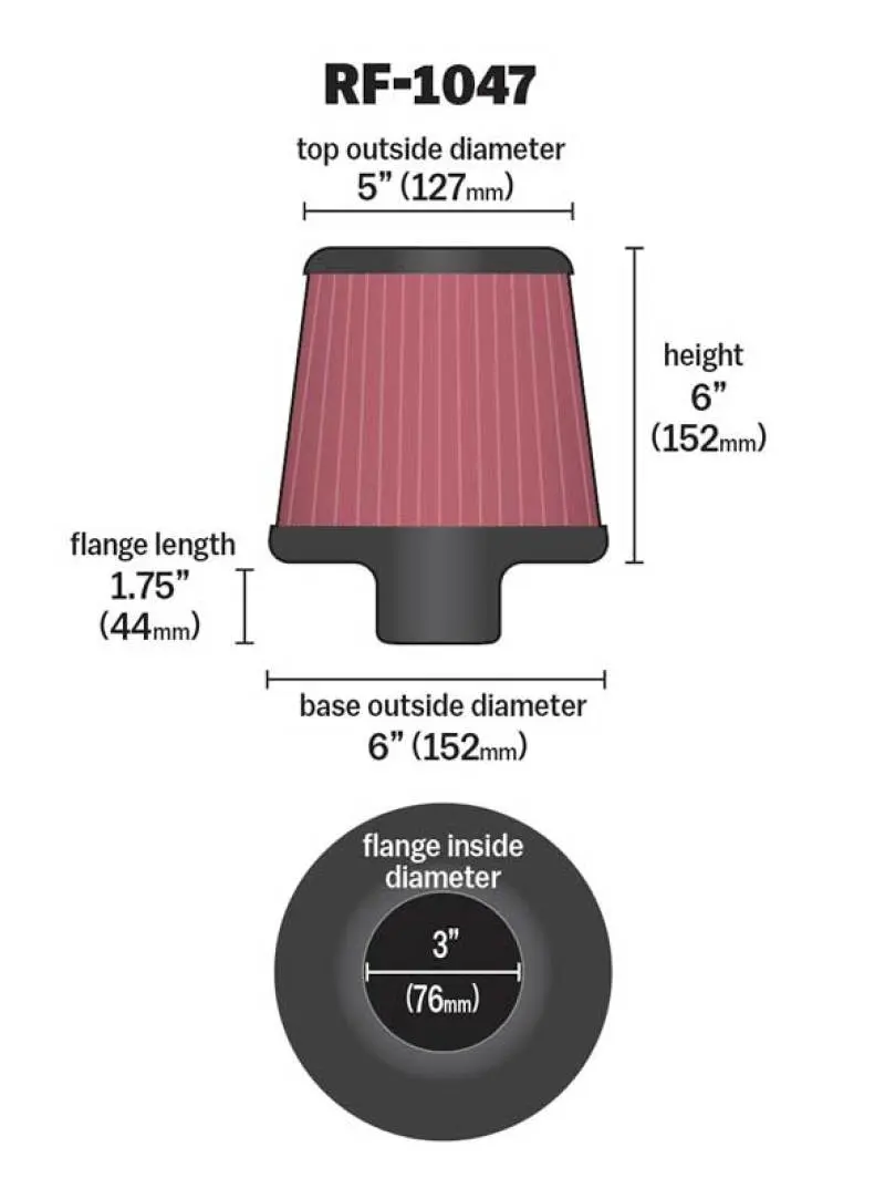 K&N KNNRF-1047 Round Tapered Universal Air Filter 3 Inch Flange 6 Inch Base 5 Inch Top 6 Inch Height №7