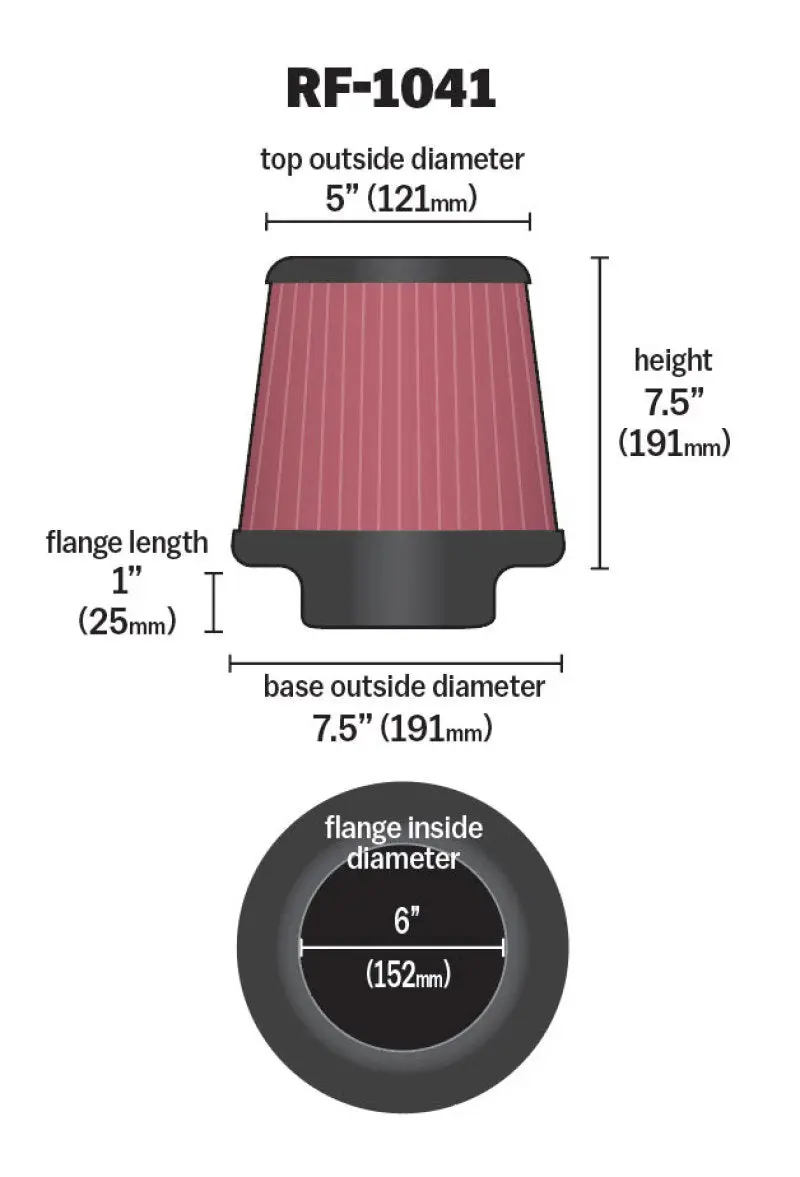 K&N KNNRF-1041 Round Tapered Universal Air Filter 6 Inch Flange 7 1/2 Inch Base 5 Inch Top 7 1/2 Inch Height №11