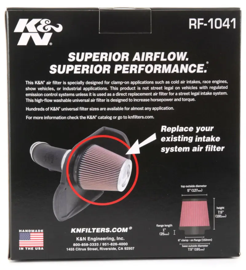 K&N KNNRF-1041 Round Tapered Universal Air Filter 6 Inch Flange 7 1/2 Inch Base 5 Inch Top 7 1/2 Inch Height №30