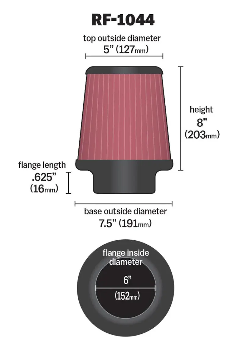 K&N KNNRF-1044 Round Tapered Universal Air Filter 6 Inch Flange 7.5 Inch Base 5 Inch Top 8 Inch Height №4