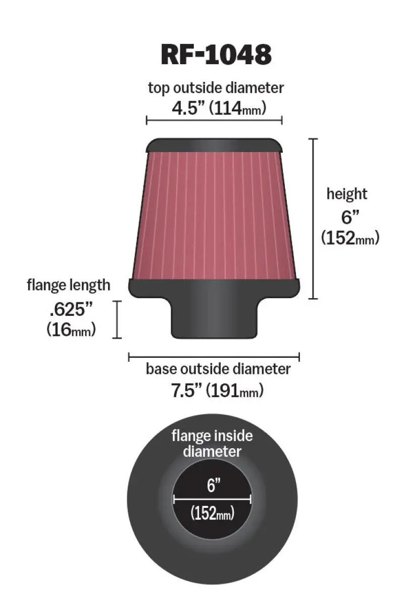 K&N KNNRF-1048 Round Tapered Universal Air Filter 6in Flange ID X 7.5in Base OD X 4.5in Top OD X 6in H №12