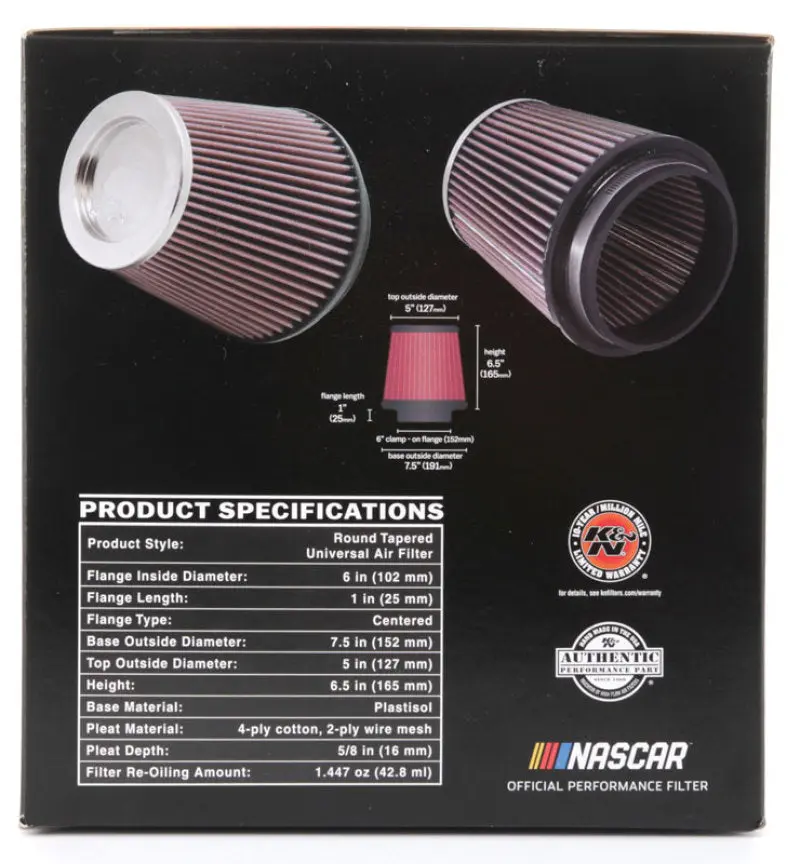 K&N KNNRF-1042 Round Tapered Universal Air Filter 6in Flange ID X 7.5in Base OD X 5in Top OD X 6.5in Height №15