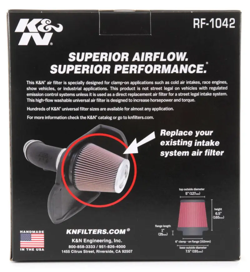 K&N KNNRF-1042 Round Tapered Universal Air Filter 6in Flange ID X 7.5in Base OD X 5in Top OD X 6.5in Height №17