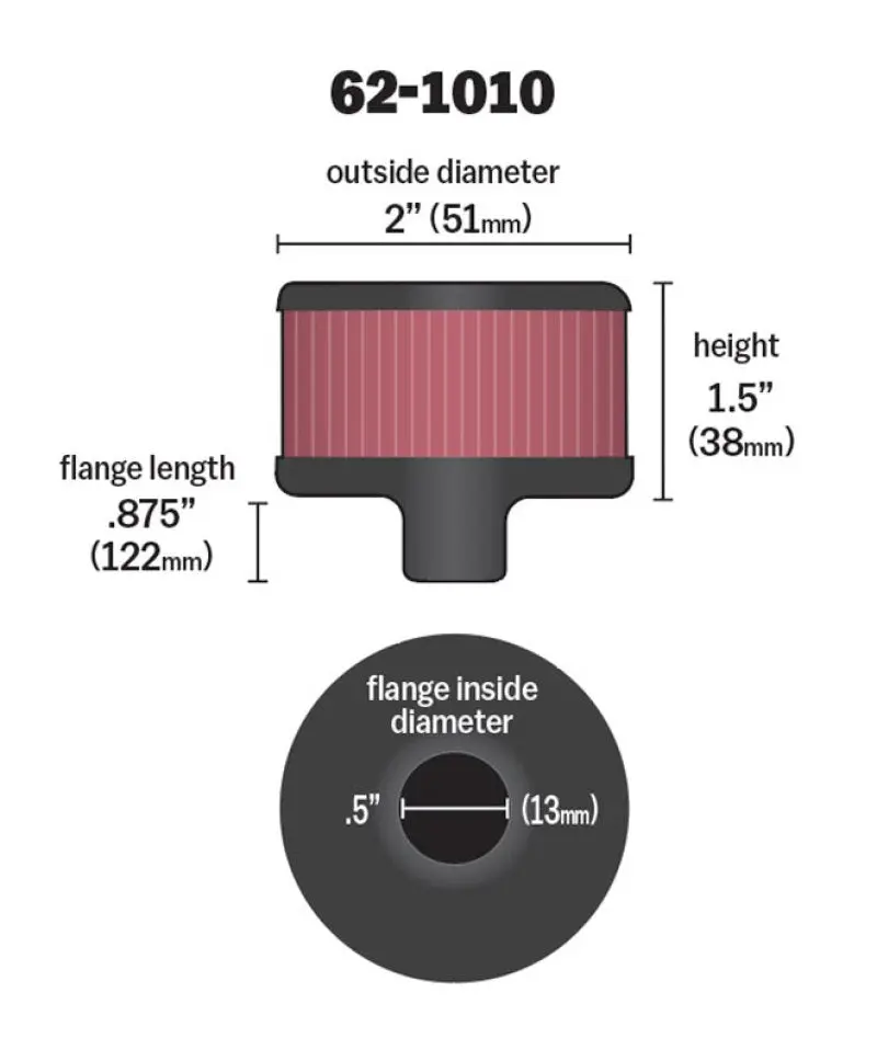 K&N KNN62-1010 Steel Base Crankcase Vent Filter .5in Vent OD X 2in OD X 1.5in Height №13