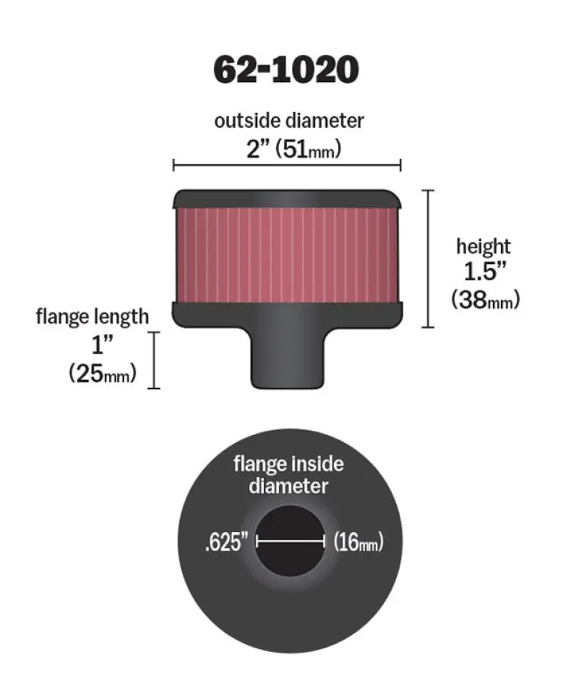 K&N KNN62-1020 Steel Base Crankcase Vent Filter .625in Vent OD X 2in OD X 1.5in Height №6