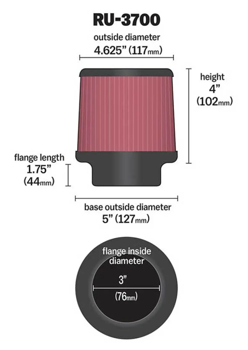 K&N KNNRU-3700 Univeral Rubber Filter Round Tapered 4.625in Top OD X 5in Base OD X 4in H №1