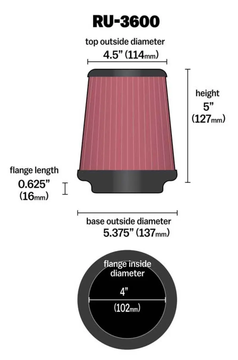 K&N KNNRU-3600 Universal Air Filter 4in Flange / 5-3/8 In Base / 4-1/2in Top / 5in Height №3