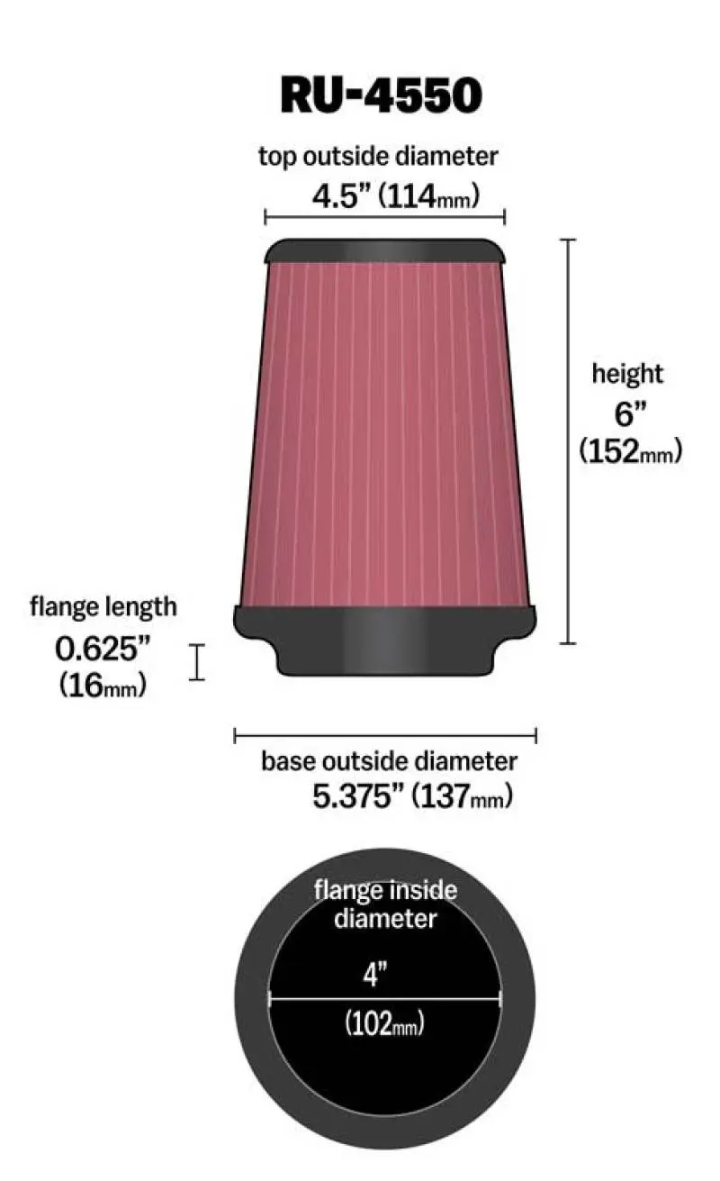 K&N KNNRU-4550 Universal Air Filter 4in Flange / 5-3/8in Base / 4-1/2in Top / 6in Height №12