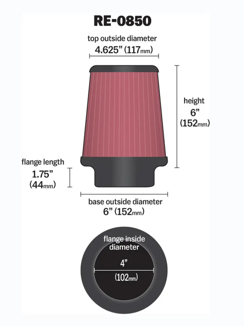 K&N KNNRE-0850 Universal Air Filter (4in. Flange / 6in. Base OD / 4-5/8in. Top OD / 6in. Height) №21