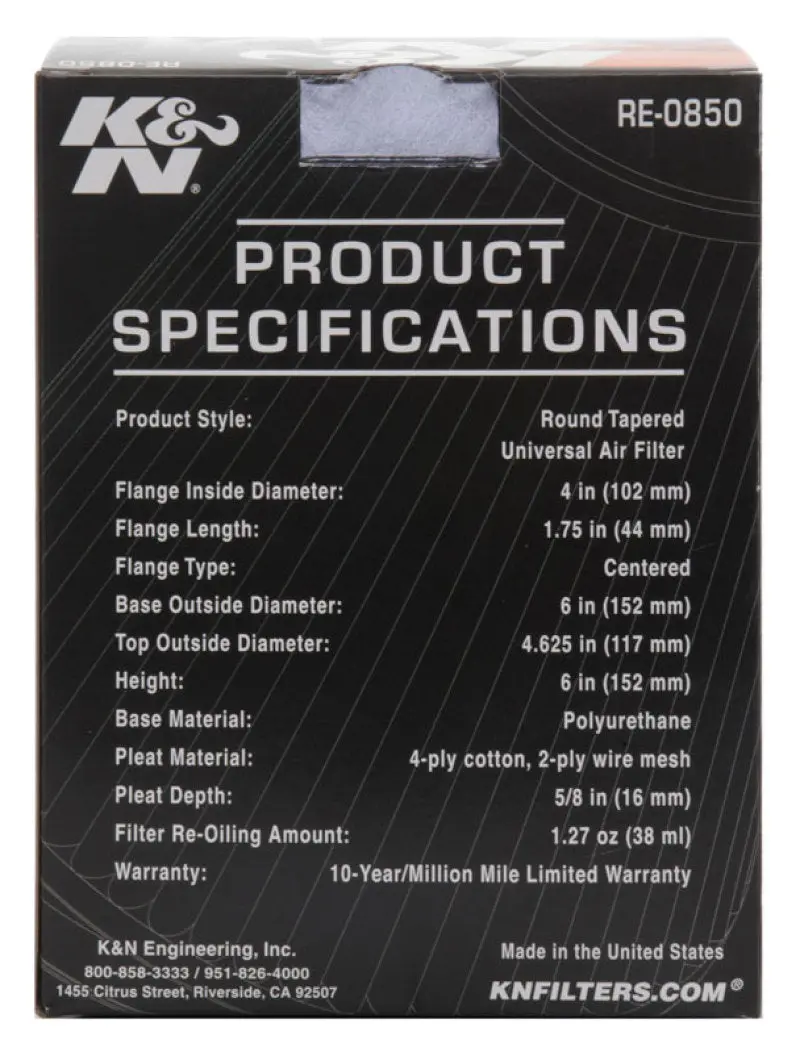 K&N KNNRE-0850 Universal Air Filter (4in. Flange / 6in. Base OD / 4-5/8in. Top OD / 6in. Height) №22