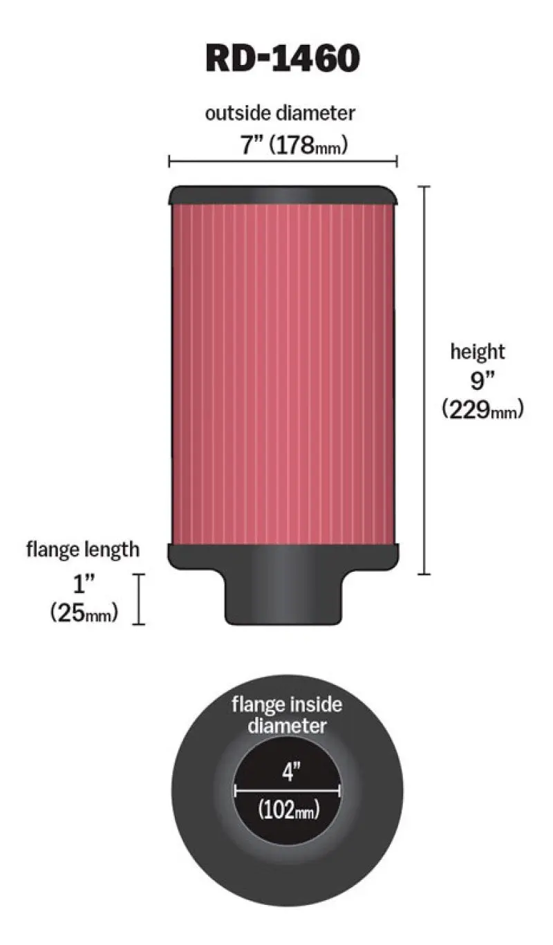 K&N KNNRD-1460 Universal Air Filter 4in Flange ID 7in OD 9in Height №10