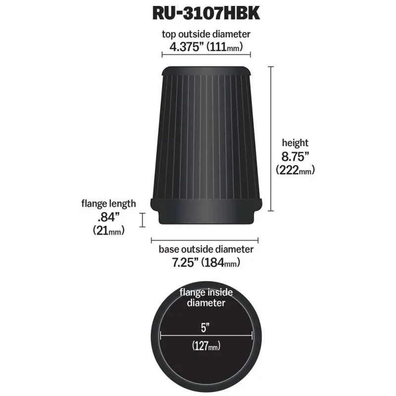 K&N KNNRU-3107HBK Universal Air Filter (5in Flange / 6-1/2in Base / 4-3/8in Top OD / 8-3/4in Height) №5