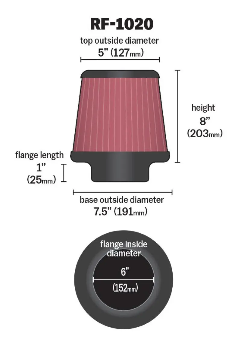 K&N KNNRF-1020 Universal Air Filter 6in Flange ID X 7.5in Base / 5in OD Top X 8in H №5