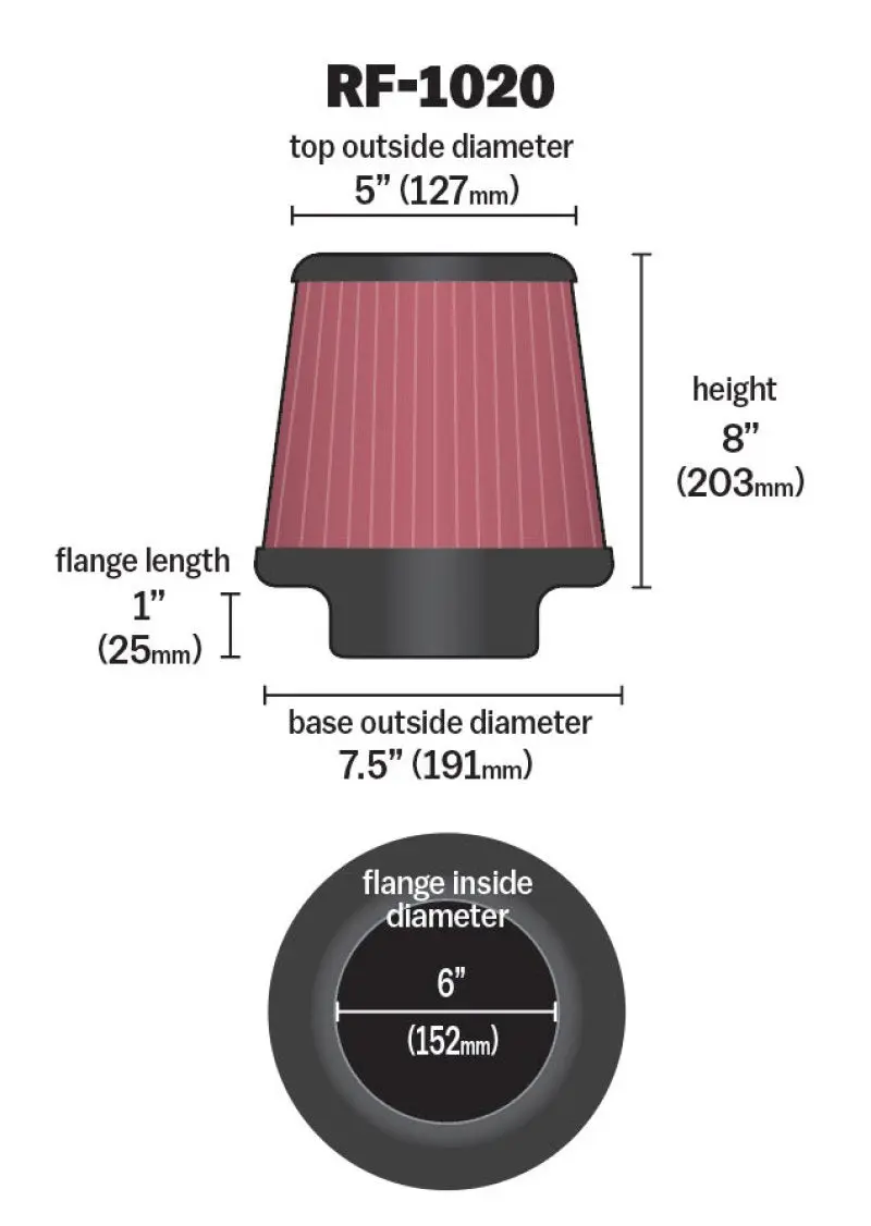 K&N KNNRF-1020 Universal Air Filter 6in Flange ID X 7.5in Base / 5in OD Top X 8in H №6