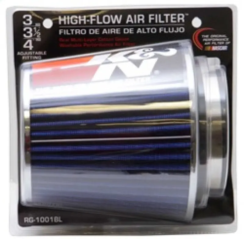 K&N KNNRG-1001BL Universal Air Filter Chrome Round Tapered Blue - 4in Flange ID X 1.125in Flange Length X 5.5in H №12