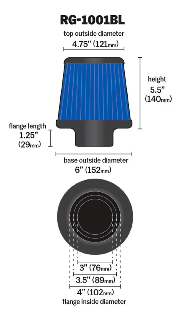 K&N KNNRG-1001BL Universal Air Filter Chrome Round Tapered Blue - 4in Flange ID X 1.125in Flange Length X 5.5in H №18