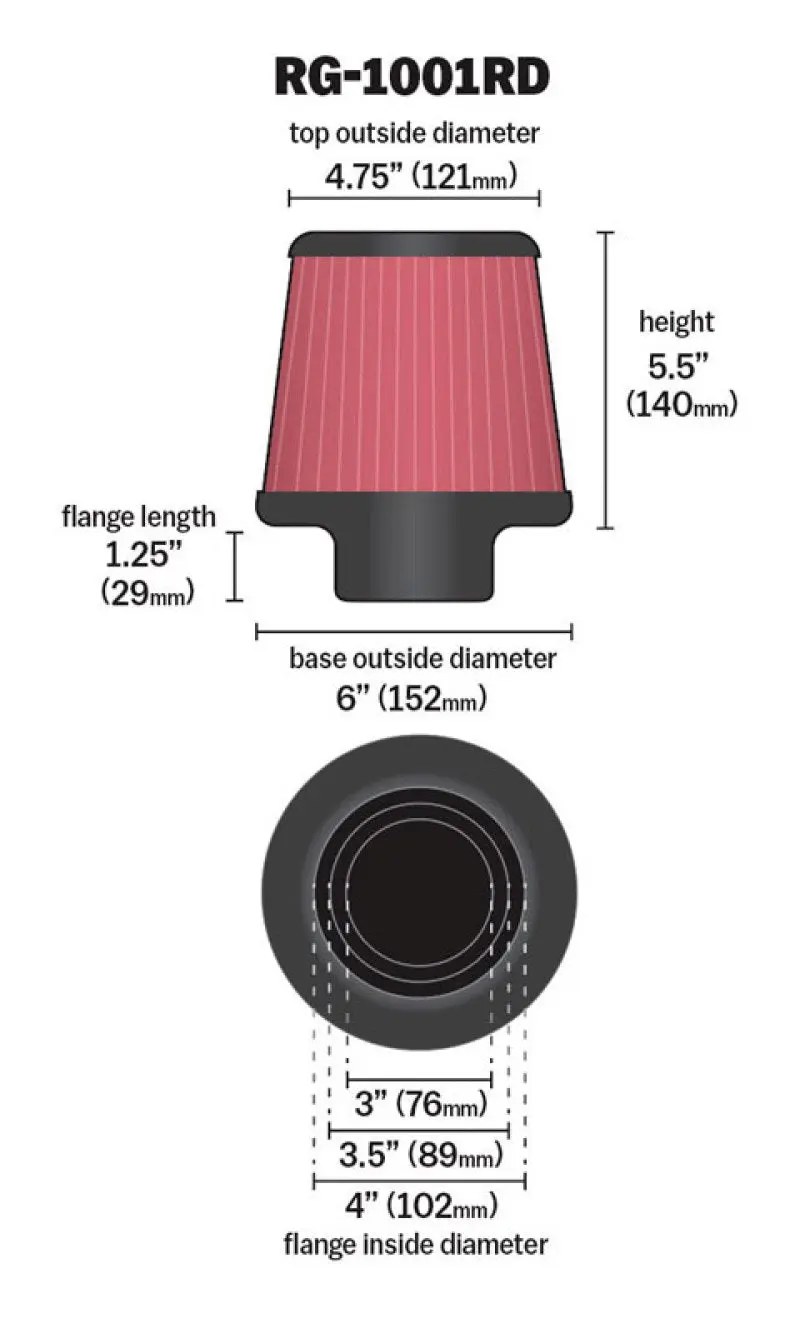 K&N KNNRG-1001RD Universal Air Filter Chrome Round Tapered Red - 4in Flange ID X 1.125in Flange Length X 5.5in H №13