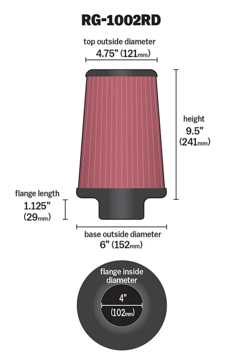 K&N KNNRG-1002RD Universal Air Filter Chrome Round Tapered Red - 4in Flange ID X 1.125in Flange Length X 9.5in H №10