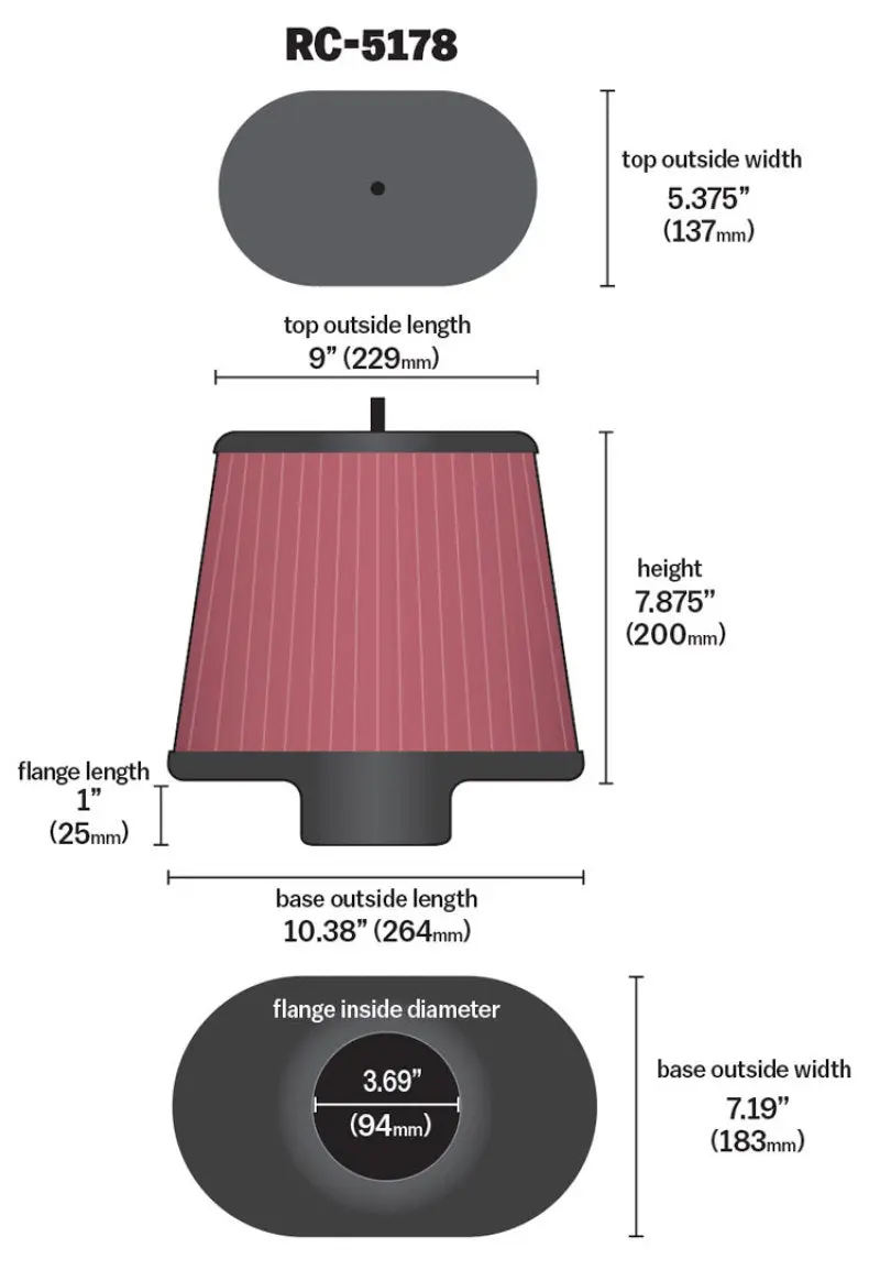 K&N KNNRC-5178 Universal Air Filter - Oval Straight - 3.688in Flange ID X 10.25in Base O/S Length X 7.875in H №4