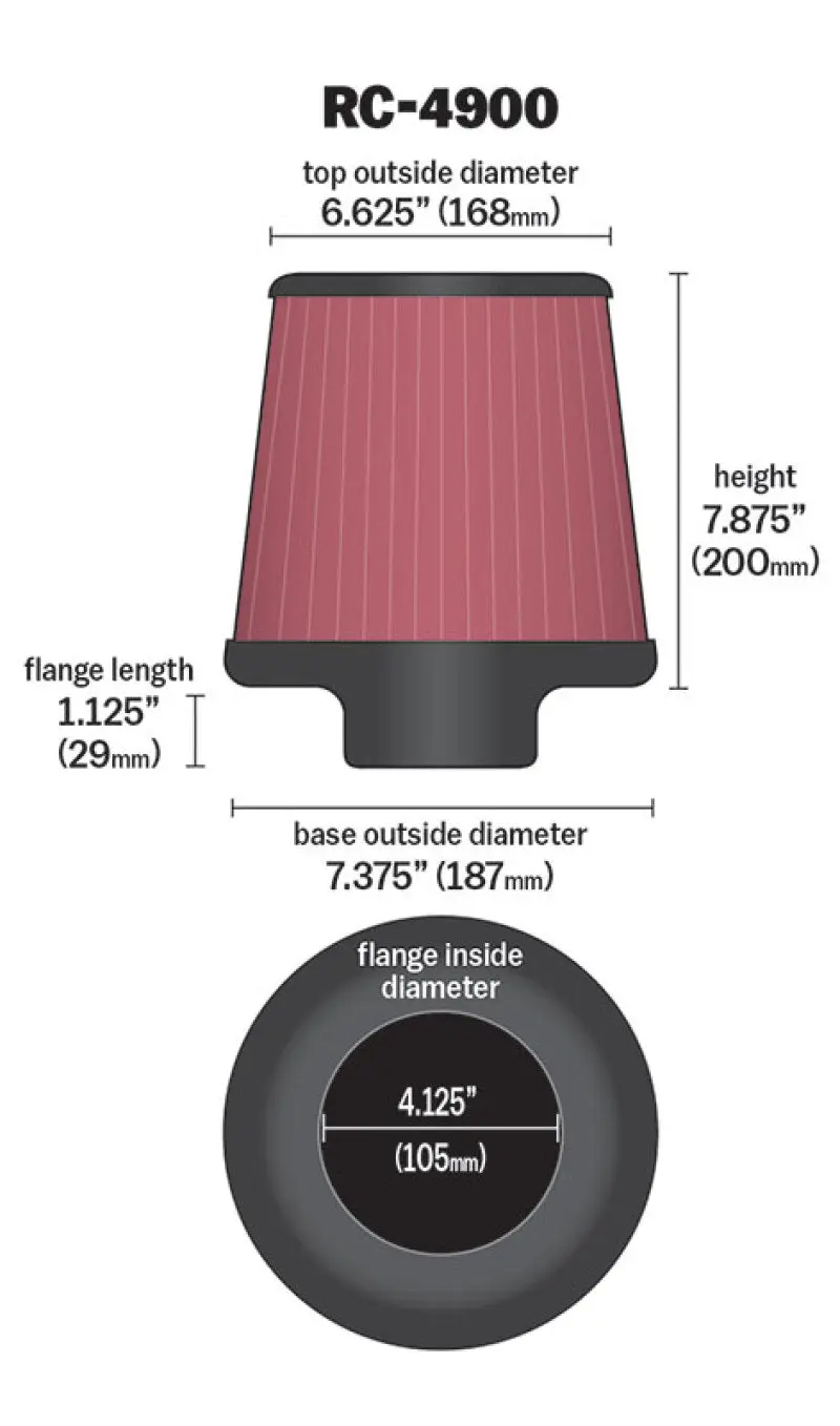 K&N KNNRC-4900 Universal Air Filter Round Tapered 7.375in Base OD / 6.625in Top OD / 7.875in Height №5