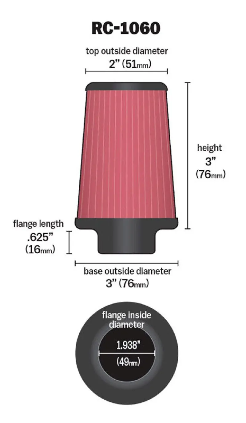 K&N KNNRC-1060 Universal Chrome Filter 1 15/16 Inch FLG / 3 Inch Base / 2 Inch Top / 3 Inch Height №18