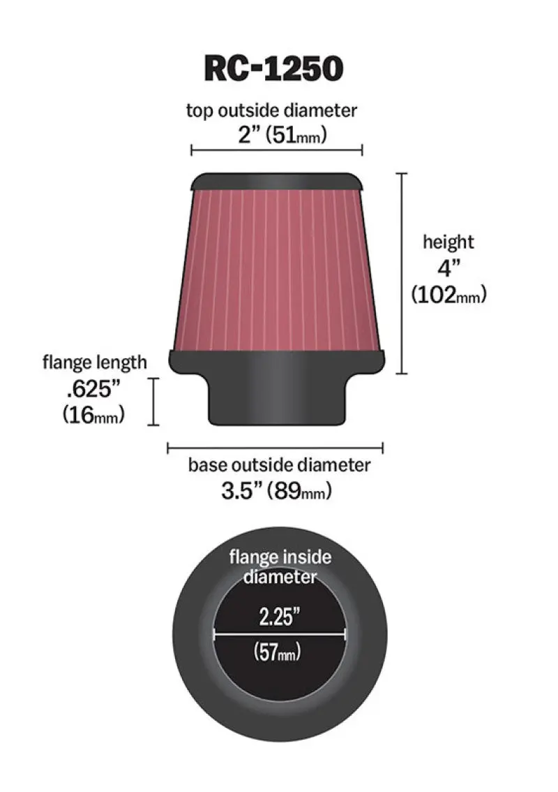 K&N KNNRC-1250 Universal Chrome Filter 2.25 Inch Flange / 3.5 Inch Base / 2 Inch Top / 4 Inch Height №13