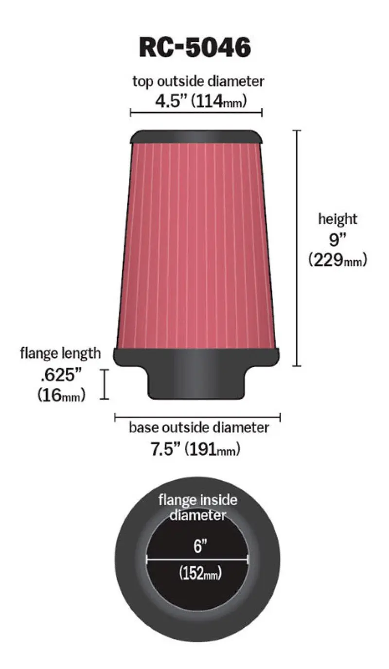 K&N KNNRC-5046 Universal Chrome Filter 6 Inch FLG / 7.5 Inch Base / 4.5 Inch Top / 9 Inch Height №12