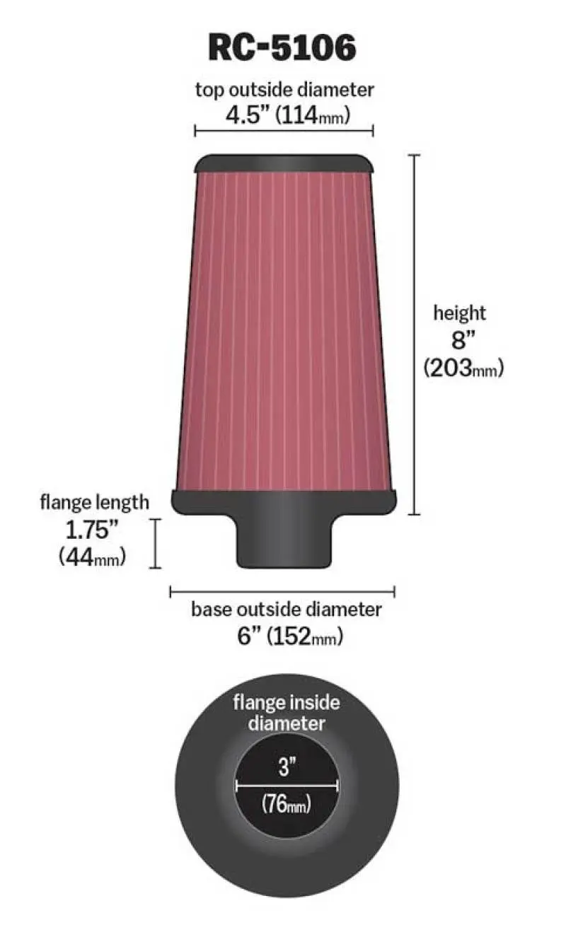 K&N KNNRC-5106 Universal ChromeRound Tapered Air Filter 3in Flange ID / 6in Base OD / 4.5in Top OD / 8in Height №7