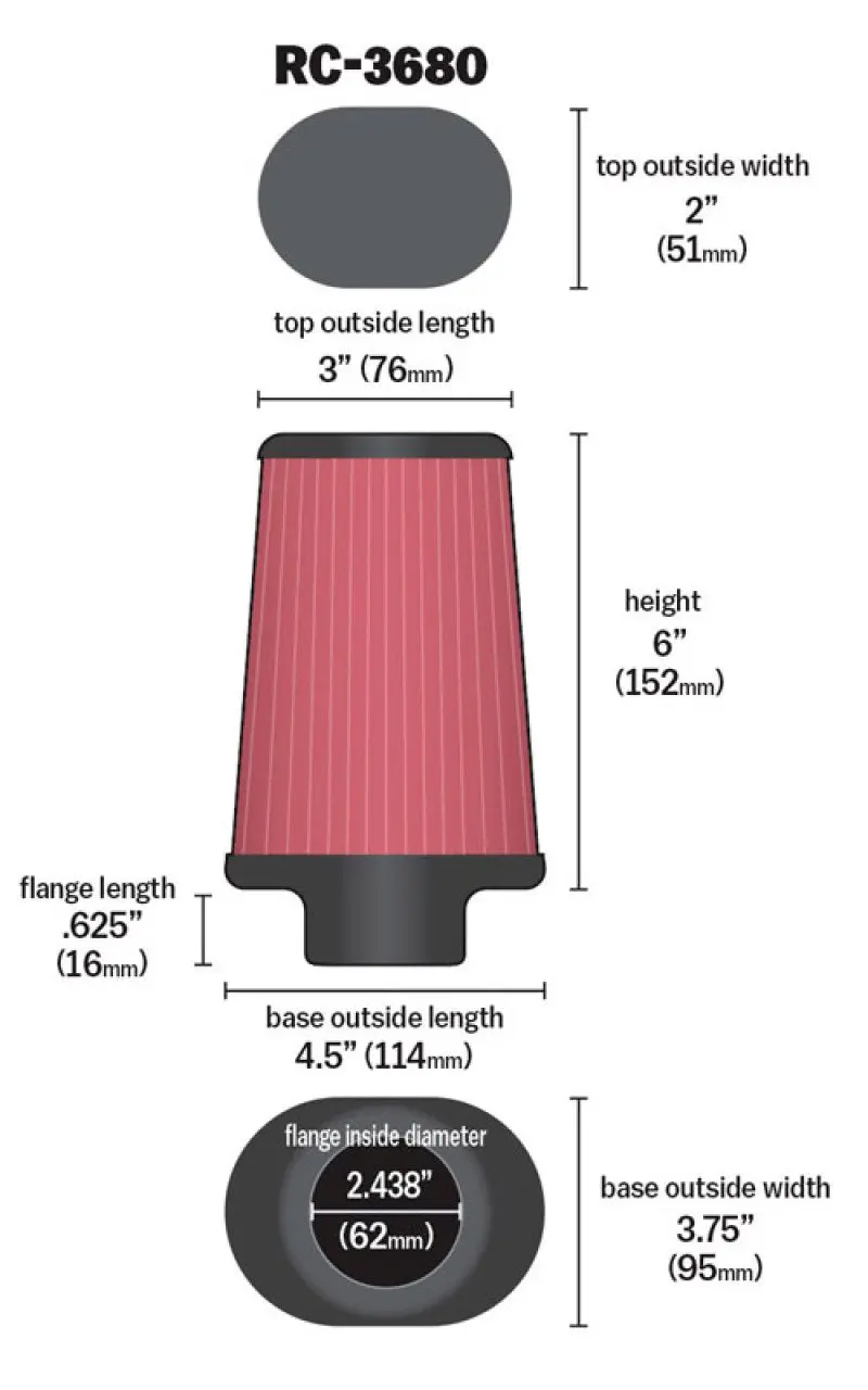 K&N KNNRC-3680 Universal Clamp-On Air Filter 2-7/16in Flange 4-1/2x3-3/4in Base 3x2in Top 6in Height №1